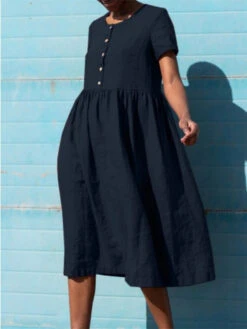Women's Cotton Linen Dress Casual Dress Midi Dress Cotton Blend Basic Casual Outdoor Daily Crew Neck Ruched Button Short Sleeve Summer Spring 2023 Loose Fit ArmyGreen Navy Blue Orange Pure Color S M -Slay Clothing Shop a4f2fcb5 4f3e 453d b06e 511ecac7f259