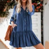 Women's Denim Dress Denim Shirt Dress Midi Dress Cotton Denim Casual Outdoor Winter Dress Daily V Neck Ruched Pocket Long Sleeve Summer Spring Fall 2023 Loose Fit Blue Pure Color S M L XL XXL