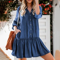 Women's Denim Dress Denim Shirt Dress Midi Dress Cotton Denim Casual Outdoor Winter Dress Daily V Neck Ruched Pocket Long Sleeve Summer Spring Fall 2023 Loose Fit Blue Pure Color S M L XL XXL