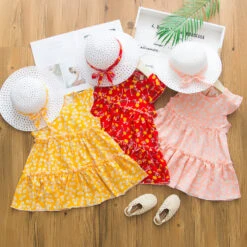 Kids Toddler Girls' Dress Floral Flower Short Sleeve Daily Cute Cotton Above Knee Summer 2-6 Years Yellow Pink Red