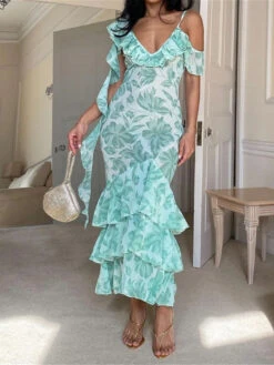 Women's Prom Dress Party Dress Wedding Guest Dress Long Dress Maxi Dress Blue Orange Sleeveless Floral Ruffle Summer Spring Fall Spaghetti Strap Fashion Evening Party Wedding Guest Vacation 2023 S M