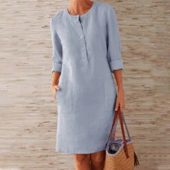 Women's Cotton Linen Shift Dress Knee-Length Crew Neck Pocket Spring Summer Fall -Slay Clothing Shop aaa6b81f 8dcd 44b6 8b31 462f7156dee8
