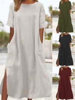 Women's ArmyGreen Casual Maxi Dress Cotton Linen Blend Crew Neck Pocket Split Short Sleeve 2024 Spring