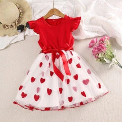 Kids Girls' Dress Solid Color Heart Short Sleeve School Adorable Daily Cotton Knee-length Summer Dress Summer Spring 3-7 Years Red