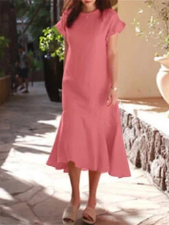 Women's Casual Dress Cotton Linen Dress Sheath Dress Midi Dress Cotton Blend Fashion Modern Outdoor Daily Vacation Crew Neck Ruffle Short Sleeve Summer Spring 2023 Loose Fit Black Pink Blue Plain S M