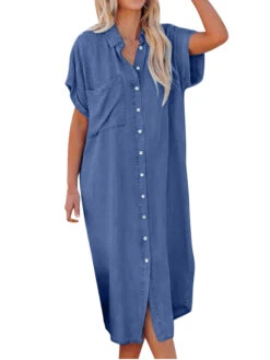 Women's Casual Dress Denim Shirt Dress Midi Dress Denim Fashion Casual Outdoor Daily Vacation Shirt Collar Button Pocket Short Sleeve Summer Spring Fall 2023 Loose Fit Navy Blue Blue Sky Blue Plain S -Slay Clothing Shop abf20798 5bc7 4085 b46a 773b69487735