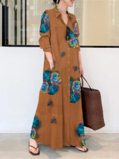 Women's Shirt Dress Casual Dress Cotton Linen Dress Maxi Long Dress Cotton Blend Fashion Casual Outdoor Daily Going Out Shirt Collar Button Pocket Long Sleeve Summer Spring Fall 2023 Loose Fit Yellow -Slay Clothing Shop ac65654f 456f 42f1 ad35 b4bb82eac362