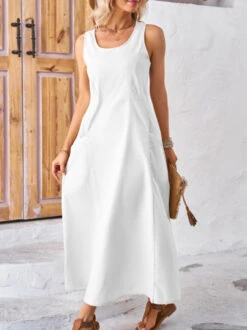 Women's Casual Dress Cotton Linen Dress White Dress Maxi Long Dress Linen / Cotton Blend Fashion Street Style Outdoor Daily Date Crew Neck Pocket Sleeveless Summer Spring 2023 Regular Fit White