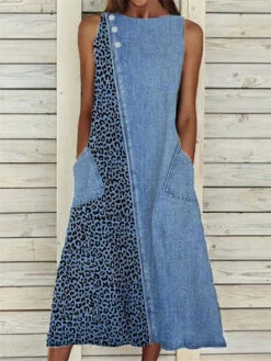 Women's Denim Dress Casual Dress Midi Dress Denim Fashion Modern Outdoor Daily Vacation Crew Neck Button Pocket Sleeveless Summer Spring 2023 Regular Fit Blue Leopard S M L XL 2XL