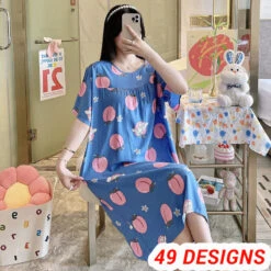 Women's Cotton Silk Nightdress Women's Summer Thin Section Large Size Cartoon Pajamas Artificial Cotton Short-sleeved Long Dress Outerwear Home Service