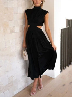 Women's Prom Dress Party Dress Wedding Guest Dress Long Dress Maxi Dress Black Yellow Red Sleeveless Pure Color Pleated Summer Spring Fall Stand Collar Fashion Evening Party Wedding Guest Vacation -Slay Clothing Shop acc78d32 e37c 492f 8484 83e2934431e5