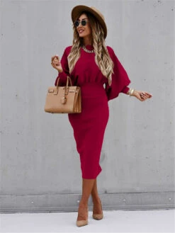 Women's Party Dress Work Dress Sheath Dress Midi Dress Black Red Beige Long Sleeve Pure Color Ruched Spring Fall Winter Crew Neck Fashion Office 2023 S M L XL XXL -Slay Clothing Shop af22cb87 5481 4be2 9db9 b2f5557d5edf