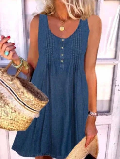 Women's Denim Dress Casual Dress Mini Dress Denim Fashion Modern Outdoor Daily Vacation U Neck Ruched Button Sleeveless Summer Spring 2023 Loose Fit Blue Plain S M L XL 2XL