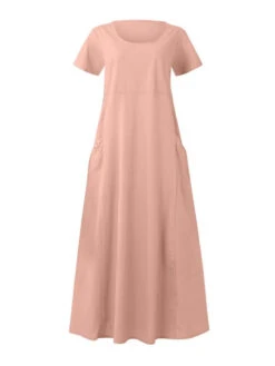Women's Cotton Linen Maxi Dress Swing Crew Neck Short Sleeve Pockets Summer Spring Loose Fit Plain Pink Sky Blue Khaki -Slay Clothing Shop b0447c45 beb5 433f aebb 95ad3e044f1f