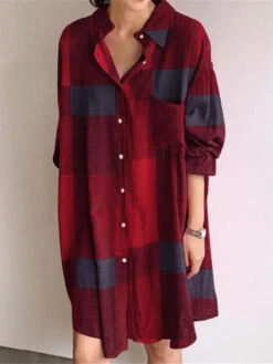 Women's Shirt Dress Cotton Linen Dress Casual Dress Mini Dress Cotton Blend Fashion Casual Outdoor Daily Shirt Collar Button Print Long Sleeve Summer Spring Fall 2023 Loose Fit Yellow Red Blue Plaid