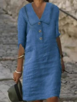 Women's Shift Dress Midi Dress Cotton Linen Button Solid Casual Daily Shirt Collar Half Sleeve Summer Spring White Blue -Slay Clothing Shop b1c74070 3521 4a72 94cd 23fe6ed4f492