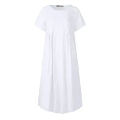 Women's Casual Dress Cotton Linen Dress Shift Dress Midi Dress Cotton Blend Basic Casual Daily Holiday Vacation Crew Neck Pocket Short Sleeve Summer Spring 2023 Loose Fit White Pink Blue Pure Color S -Slay Clothing Shop b34ee1c5 452a 413e 97ed 3d1faaeac897