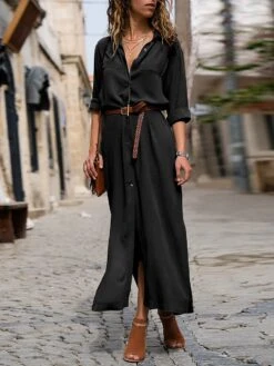 Women's Shirt Dress Maxi Long Dress Black Army Green Navy Blue Long Sleeve Solid Color Button Spring Summer Shirt Collar Stylish Work Formal Loose 2023 S M L XL -Slay Clothing Shop b3a47bac 2e7d 4219 8909 96f1dc00a64f