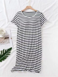 Women's Padded Nightgown Nightshirt Dress Stripe Fashion Casual Soft Home Daily Bed Polyester Breathable V Wire Short Sleeve Chest Pads Summer Spring Light Pink Black -Slay Clothing Shop b3aa30f2 c224 497a b4a0 485c11d92833