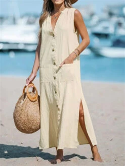 Women's Casual Dress Cotton Linen Dress Shift Dress Maxi Long Dress Cotton Blend Fashion Modern Outdoor Daily Vacation V Neck Button Pocket Sleeveless Summer Spring 2023 Loose Fit Light Blue Black