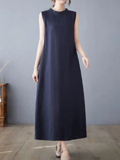 Women's Casual Dress Cotton Linen Dress A Line Dress Midi Dress Linen Cotton Blend Basic Modern Outdoor Daily Vacation Stand Collar Pocket Sleeveless Summer Spring 2023 Loose Fit Navy Blue Apricot -Slay Clothing Shop b3e001c8 2d1d 4f34 9b71 48258d3965c7