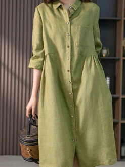 Women's Shirt Dress Casual Dress Cotton Linen Dress Midi Dress Cotton Blend Basic Casual Daily Vacation Shirt Collar Button Pocket 3/4 Length Sleeve Summer Spring Fall 2023 Loose Fit Pink Green Pure -Slay Clothing Shop b4298da0 98a4 4803 838c 740a11e5d2d6