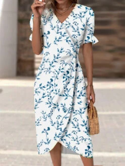 Women's Floral Dress Print Dress Floral Print Button V Neck Midi Dress Fashion Classic Daily Holiday Short Sleeve Loose Fit White Summer Spring S M L XL XXL