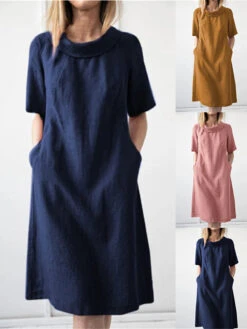 Women's Casual Dress Cotton Summer Dress Midi Dress Linen Side Pockets Baggy Basic Classic Daily Vacation Crew Neck Short Sleeve Summer Spring Yellow Pink Plain -Slay Clothing Shop b4f8821a 9c32 4d89 8a06 488728bc5d48