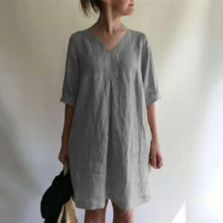 Women's Casual Dress Cotton Linen Dress Shift Dress Mini Dress Cotton Blend Basic Classic Outdoor Daily Vacation V Neck Ruched Rolled Cuff Half Sleeve Summer Spring Linen Loose Fit Black Yellow Wine -Slay Clothing Shop b503dd52 f365 4e4f ad9e 61d1b15d3677