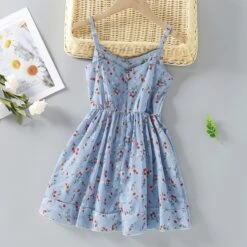 Kids Girls' Floral Dress Flower Sleeveless School Outdoor Cute Basic Cotton Summer Spring 4-12 Years Light Blue