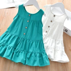 Kids Girls' Dress Solid Color Sleeveless Outdoor Casual Ruched Button Casual Sweet Cotton Midi A Line Dress Tank Dress Summer Spring 3-10 Years White Green