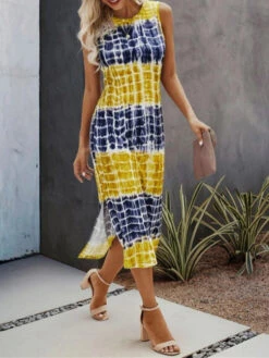 Women's Tank Dress Summer Dress Plaid Tie Dye Print Split Crew Neck Midi Dress Fashion Streetwear Outdoor Daily Sleeveless Regular Fit Yellow Red Blue Summer Spring S M L XL XXL -Slay Clothing Shop b7f10221 3f0f 4fff 888b ad88da9400f5