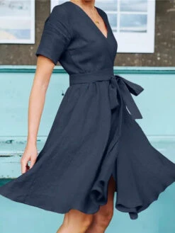 Women's Casual Dress Cotton Linen Dress Swing Dress Mini Dress Bamboo Fashion Modern Outdoor Daily Vacation V Neck Ruched Tie Belt Short Sleeve Summer Spring 2023 Regular Fit Pink Royal Blue Green -Slay Clothing Shop b81c2a4d 343a 42ef a287 462639f79e60