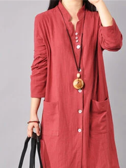 Women's Cotton Linen Dress Casual Dress Mini Dress Cotton Blend Basic Casual Outdoor Daily Vacation V Neck Button Pocket Long Sleeve Spring Fall Autumn 2023 Loose Fit Yellow Red Navy Blue Pure Color -Slay Clothing Shop b9f207e0 b5b0 4af9 b069 106ba374fc21