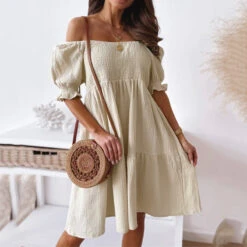 Women's Casual Dress Swing Dress White Dress Mini Dress Black White Beige Short Sleeve Pure Color Ruched Summer Spring Off Shoulder Elegant 2023 S M L XL -Slay Clothing Shop bbdad749 78bf 4cf6 a577 97187e160156