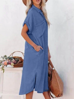 Women's Casual Dress Denim Shirt Dress Midi Dress Denim Fashion Casual Outdoor Daily Vacation Shirt Collar Button Pocket Short Sleeve Summer Spring Fall 2023 Loose Fit Navy Blue Blue Sky Blue Plain S -Slay Clothing Shop bbed165b af96 495d 9ef3 782baa73587f
