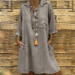 Women's Cotton Linen Shift Mini Dress Shirt Collar 3/4 Sleeve Pockets Loose Fit Pure Color
