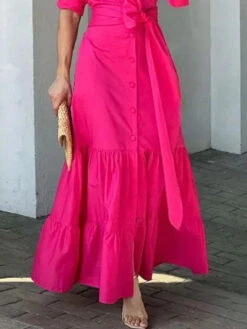 Women's Casual Dress Cotton Linen Dress Maxi Long Dress Cotton Blend Fashion Elegant Outdoor Office Daily Shirt Collar Lace Up Ruffle Long Sleeve Summer Spring Fall 2023 Regular Fit Red Plain S M L -Slay Clothing Shop bd15cfa5 327c 4575 b62b 977b29040067