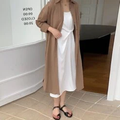 Women's Korean Lazy Style Simple Long Over-the-knee Shirt Solid Color Lapel Cardigan Shirt Sunscreen Shirt Dress -Slay Clothing Shop bd298809 8757 477c 8059 bedd9d1362bf
