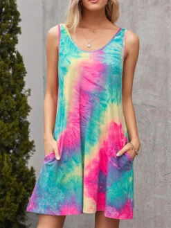 Women's Casual Dress Tank Dress Summer Dress Tie Dye Pocket Print Crew Neck Mini Dress Fashion Modern Outdoor Daily Sleeveless Regular Fit Yellow Pink Fuchsia Summer Spring S M L XL XXL