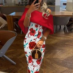 Women's Party Dress Cocktail Dress Wedding Guest Dress Midi Dress White Flower Black Flower Black Short Sleeve Pure Color Cold Shoulder Summer Spring Fall Off Shoulder Fashion Party Office Wedding