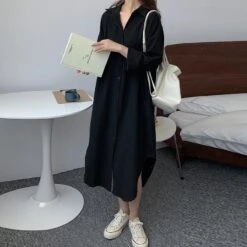 Women's Korean Lazy Style Simple Long Over-the-knee Shirt Solid Color Lapel Cardigan Shirt Sunscreen Shirt Dress -Slay Clothing Shop be757b6e 167f 484e afdf 6c29d899334b