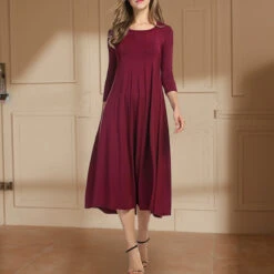 Women's Casual Dress Summer Dress Graphic Plain Ruched Crew Neck Midi Dress Elegant Casual Work Daily 3/4 Length Sleeve Regular Fit Black Red Red Wine Fall Winter S M L XL XXL