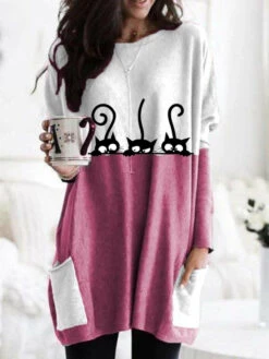 Women's T Shirt Tee T Shirt Dress Tunic Shirts Tunic Animal Cat Pink Blue Khaki Print Pocket Long Sleeve Casual Daily Basic Round Neck Regular Fit Fall & Winter -Slay Clothing Shop c0e8f932 8049 4f82 b8f2 3edb3c1eadb2