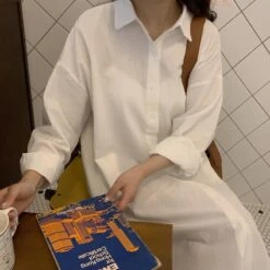 Women's Korean Lazy Style Simple Long Over-the-knee Shirt Solid Color Lapel Cardigan Shirt Sunscreen Shirt Dress -Slay Clothing Shop c3314166 20dd 4b98 a24a 9068c4f0bc41