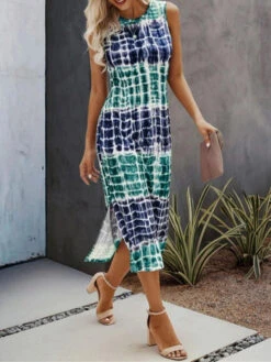 Women's Tank Dress Summer Dress Plaid Tie Dye Print Split Crew Neck Midi Dress Fashion Streetwear Outdoor Daily Sleeveless Regular Fit Yellow Red Blue Summer Spring S M L XL XXL -Slay Clothing Shop c48b0729 3097 42f4 8c7c f72ca8c84474
