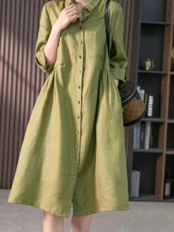 Women's Shirt Dress Casual Dress Cotton Linen Dress Midi Dress Cotton Blend Basic Casual Daily Vacation Shirt Collar Button Pocket 3/4 Length Sleeve Summer Spring Fall 2023 Loose Fit Pink Green Pure -Slay Clothing Shop c50b97ce e376 4c4b bf01 68c9ef947fde