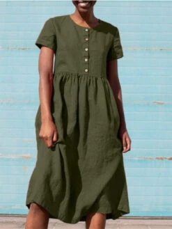 Women's Cotton Linen Dress Casual Dress Midi Dress Cotton Blend Basic Casual Outdoor Daily Crew Neck Ruched Button Short Sleeve Summer Spring 2023 Loose Fit ArmyGreen Navy Blue Orange Pure Color S M -Slay Clothing Shop c58953e8 8b79 47c4 99ca 1b93f97ed3ad