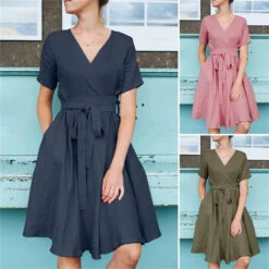 Women's Casual Dress Cotton Linen Dress Swing Dress Mini Dress Bamboo Fashion Modern Outdoor Daily Vacation V Neck Ruched Tie Belt Short Sleeve Summer Spring 2023 Regular Fit Pink Royal Blue Green