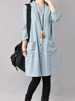 Women's Cotton Linen Dress Casual Dress Mini Dress Cotton Blend Basic Casual Outdoor Daily Vacation V Neck Button Pocket Long Sleeve Spring Fall Autumn 2023 Loose Fit Yellow Red Navy Blue Pure Color -Slay Clothing Shop c632cb30 b68a 4eee 8277 ffd1ab4bb16c